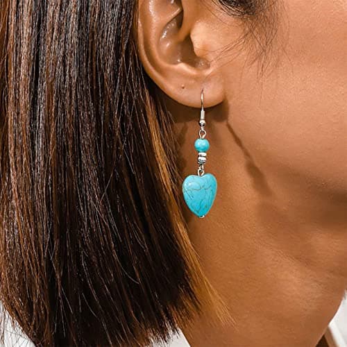 Image of Yienate Boho Turquoise Beads Heart Drop Dangle Earrings Silver Vintage Ethnic Turquoise Stone Hook Earrings Statement Bead Love Heart Dangle Earrings Jewelry for Women and Girls