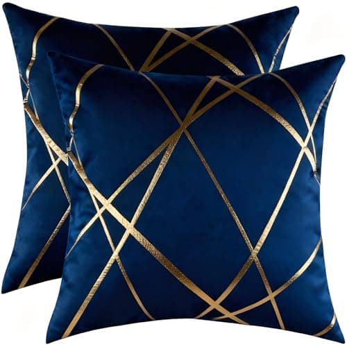 Image of Miuyunya Luxury Velvet Cushion Covers 45 x 45 cm Sets of 2 Gold Striped Decorative Throw Pillow Covers Navy Blue Cushion Case Couch Pillowcases for Sofa Living Room Bedroom