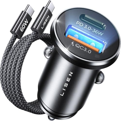 Image of LISEN 54W Car Phone Charger USB C 12V Car USB Adapter Socket, Fast Charge Cigarette Lighter USB Charger with 60W USB C-C Cable Moto Car Accessories Gifts for Men for iPhone 17 Pro Max 16 Samsung S26