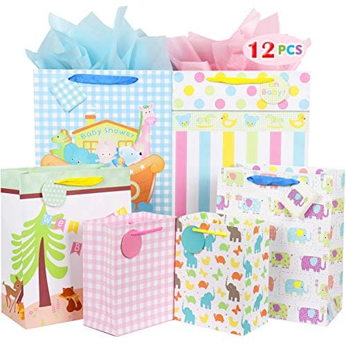 Image of Fzopo Baby Gift Bags Assortment - Heavy Duty Paper Bags (Pack of 12 Small, Medium, Extra Large for Baby Shower, Birthday, Parties, Girl & Boy)