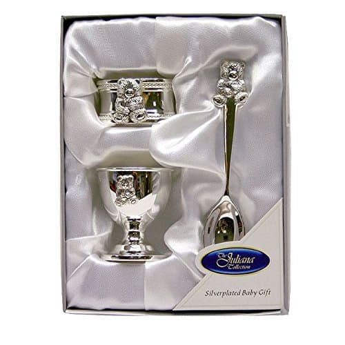 Image of Silver Plated Christening Teddy Bear Egg Cup Spoon & Ring Set