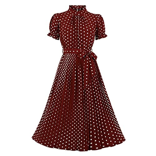 Image of Wellwits Women's Polka Dots Frill Pleated Midi Vintage Cocktail Dress Wine S