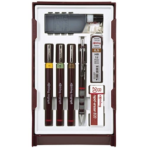 Image of rOtring Isograph Pen Set Technical Pen & Pencil College Set | 3 Pens (0.20mm0.30mm0.50mm) and Mechanical Pencil (0.5mm) + Accessories