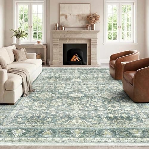 Image of HOMFINE Vintage Washable Rugs for Living Room - 240x340cm Green Area Rug for Bedroom Living Room Traditional Printed Design, Low Pile, Non-Slip, Non-Shedding