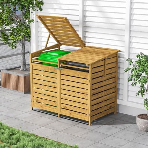 Image of Warmiehomy Wheelie Bin Storage 2 Wheelie Bin Storage Outdoor Bin Shed 2 Bins Wooden Wheelie Bin Hideaways Double Garden Large Bin Store 141cm x 86cm x 122cm, Wood