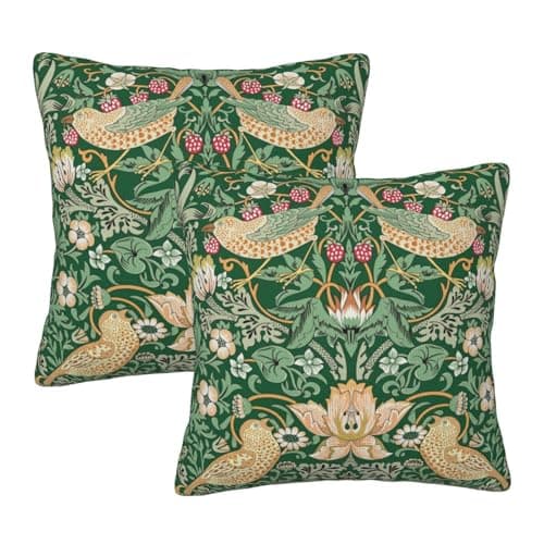 Image of Ideeze Vintage Floral Bird Strawberry Thief Throw Pillow Covers Set of 2 William Morris Pillowcases Cushion Case Square for Soft Home Decor Bed Couch Car Living Room 18x18 Inch