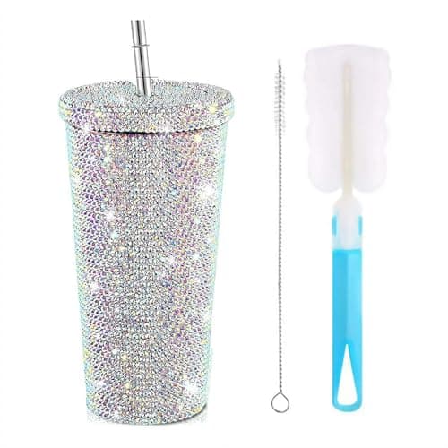 Image of Rhinestone Tumbler 17oz 500ml Stainless Steel Diamond Glitter Water Bottle Thermal Cup with Leakproof Lid,Straw&Brush,Double Wall Vacuum Insulated Indoor Office Outdoor Travel Gym Mug (Silvery)