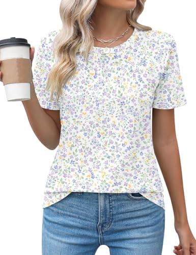 Image of Rapbin Womens Blouses Short Sleeve Crew Neck T Shirts Dressy Casual Summer Pleated Tops Cute Fashion Tee,Purple Floral,M
