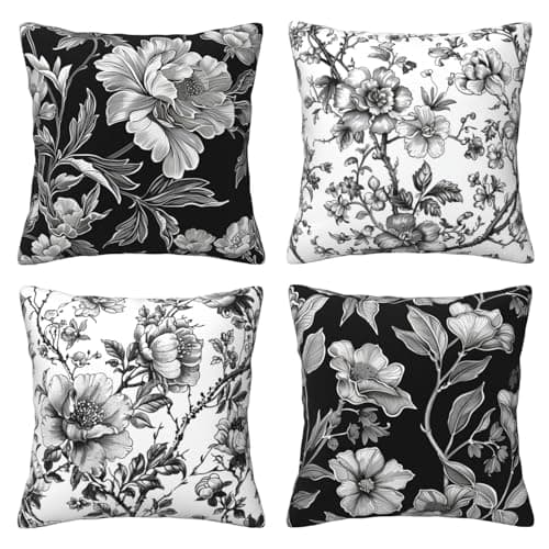 Image of HOSTECCO Black and White Floral Cushion Covers 45x45 cm Set of 4 Vintage Flower Cushion Cases Modern Decorative Pillow Covers for Sofa Couch