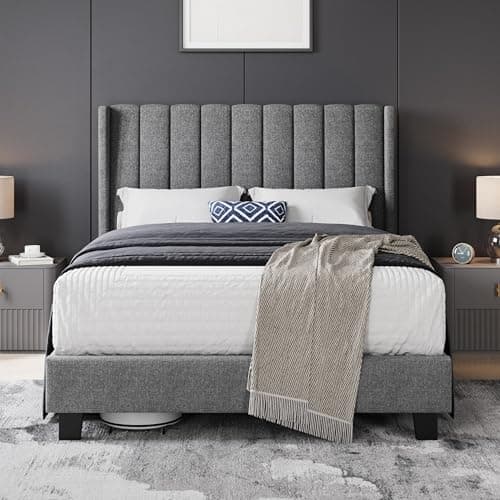 Image of Yaheetech Double Bed Frame, Upholstered Platform Bed with Channel Tufted Headboard & Wing Side, Wood Slat Support, Mattress Foundation, No Box Spring Needed, Noise-free, 4ft6 Double Bed Light Grey
