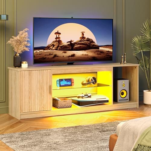 Image of Bestier 65-Inch TV Stand, Gaming Media Center with Glossy Recessed Base, Compatible with PS5 and Xbox, Features Adjustable Glass Shelves, Natural Oak, Living Room