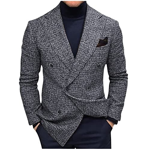 Image of Flodxo Suit Jackets for Men Regular Fit Tweed Jacket Casual Double Breasted Blazer Vintage formal Suit Jackets Regular Fit Long Sleeves Smart Suit Blazer for Wedding Business Grey M