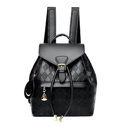 Image of Kiepoar Women's Mini Backpack Vegan Leather, Quilted Grid Pattern Elegant Anti-Theft Rucksack with Buckle Flap & Drawstring, Casual Daypack with Smiley Face Charm for Travel, School Work