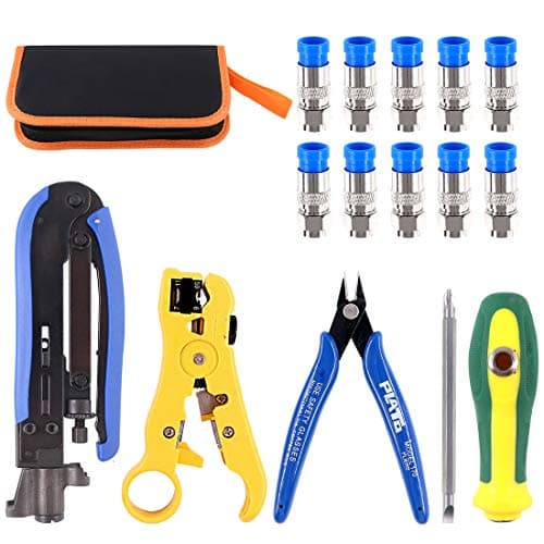 Image of Glarks Adjustable Coaxial Compression Tool - Coax Crimper & Stripper Kit, RG6 RG59 RG11 Cables, 10pcs F Connectors, Leather Bag