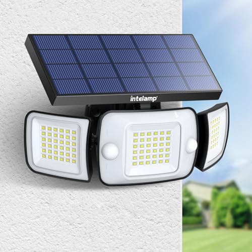 Image of intelamp Solar Security Light Outdoor, 108 LED 1200LM Solar Motion Sensor Lights with 3 Adjustable Heads, Dual Sensor, 6000mAh Battery, IP65 Waterproof Solar Flood Light for Garden Garage Fence