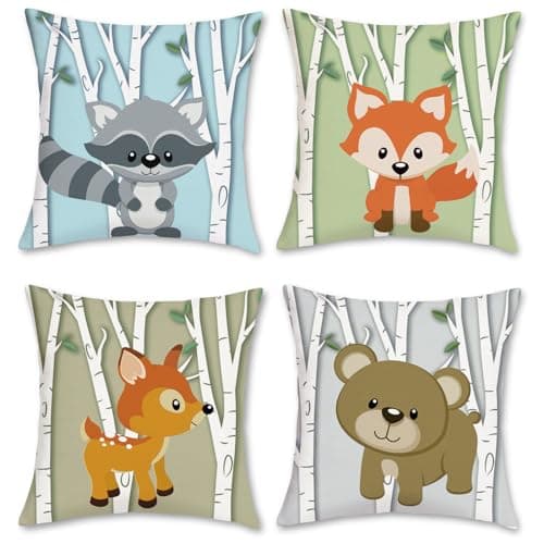 Image of Bonhause Animals Cushion Covers 45 x 45 cm Deer Fox Birch Tree Decorative Throw Pillow Covers Polyester Linen Pillowcases for Childrens Bedroom Indoor Outdoor Decor Set of 4