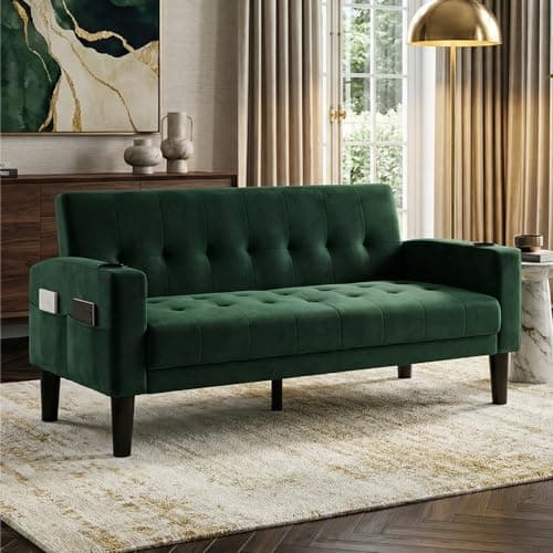 Image of GRAVFORCE Sofa 2 Seater Comfy Upholstered Loveseat Sofa with Cup Holder Pocket Storage Small Sofas for Living Room Bedroom Office Green