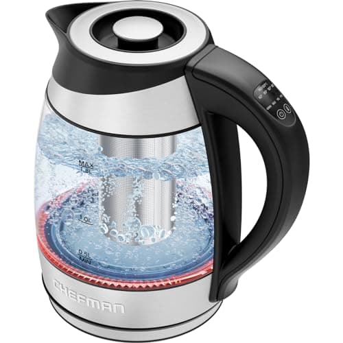 Image of Chefman Electric Kettle with Temperature Control & 5 Presets, 1.8 Litre, Removable Tea Infuser, LED Indicator Lights, Cordless Glass Tea Kettle & Hot Water Boiler, BPA Free, 2200W, Stainless Steel