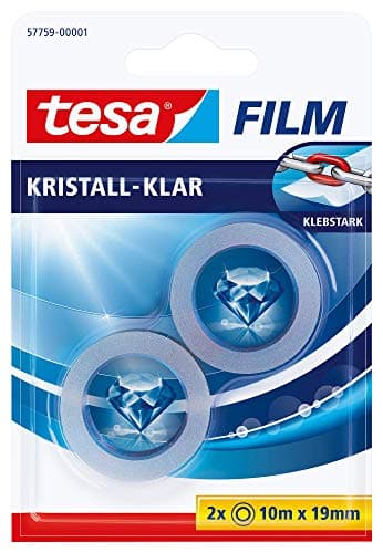 Image of tesa Film Crystal Clear - Highly Transparent, Age-Resistant Adhesive Tape with Strong Adhesion - 10 m x 19 mm - Pack of 2