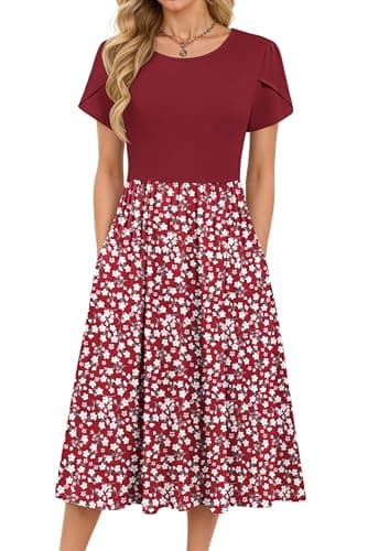 Image of MOLERANI Summer Dress for Women - Round Neck Ladies Dress Elegant High Waist Midi Dresses Casual Floral Dresses with Pockets Red Floral L