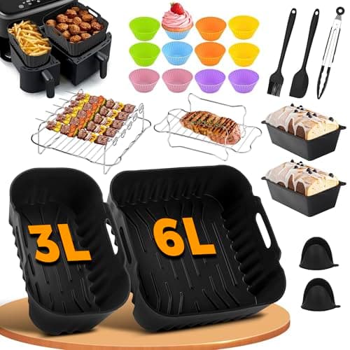 Image of Pietuley 28Pcs Silicone Air Fryer Accessories for Philips Dual Basket Air Fryer 3000 Series 6L/3L, Reusable Dual Silicone Air Fryer Liners Racks Set for Philips NA350/00 9L & Tefal Easy Fry 5.2L/3.1L