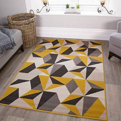 Image of Modern Thick Geometric Area Rug Grey Ochre Yellow Kaleidoscope Living Room Lounge Hallway Bedroom Area Rugs 120cm x 170cm