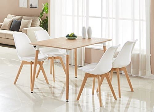Image of P&N Homewares Rectangular Dining Room Table Set for 4 - Wooden Dining Table & Dining Room Chairs Set of 4 with Cushions - PU Padded Seat w/Solid Wood Legs - Modern Round Dining Set
