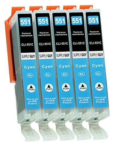Image of Supply Guy 5 Ink Cartridges compatible with Canon CLI-551 Cyan with Chip and Level Indicator for IP7250 IP8750 IX6850 MG5450 MG5550 MG5650 MG5655 MG6350 MG6450 MG6650 MG7150 MG7550 MX725 MX925