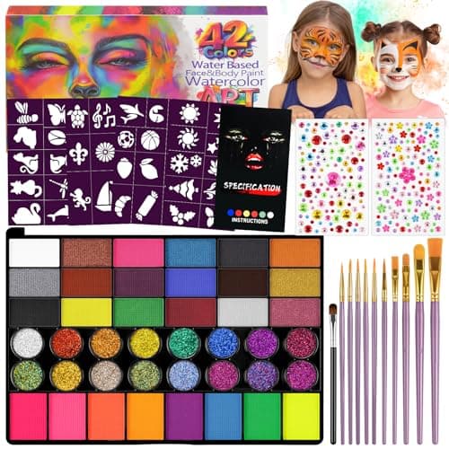 Image of LOPHE Face Body Painting Kit | 42 Colour Square Palette with 10 Brushes, 4 Stencils & 2 Diamond Gems | Water Based Makeup Set for Kids Adults | Halloween, Cosplay & Party