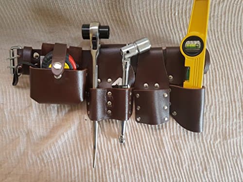 Image of Scaffolding Leather BBI Tool Work Belt with Tool Set Spanner Ratchet Level TapePouch/Pockets/Frog (Belt 1921 Ratchet 716 Spanner Level Tape)