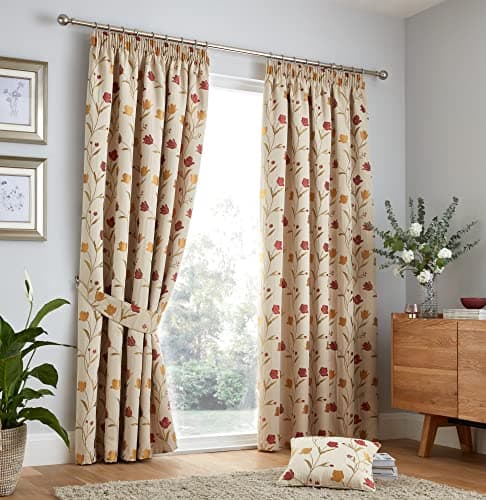 Image of Curtina Natural & Red Floral Pencil Pleat Curtains – W66 x L54 (168x137cm) – Jacquard Heavyweight Drapes – Vintage Flower Design – Lined Curtain Pair for Bedroom/Living Room – Classic Style