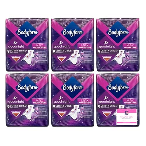Image of Bodyform Ultra Goodnight Extra Large Sanitary Pads with Wings, 6 Packs x 9 Pads, Night Protection Multipack