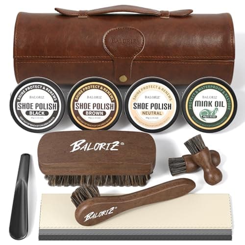 Image of BALORIZ Leather Shoe Polish Kit For Men - 13Pcs Shoe Shine Kit with Shoe Polish, Mink Oil, Horsehair Brush Kit for Leather Boot Shoe Care Kit Christmas Birthday Gifts