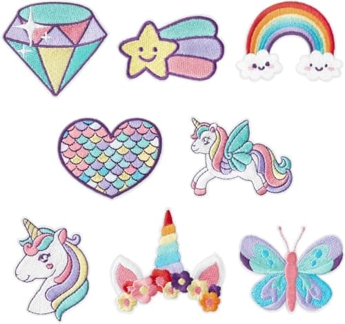 Image of CYWQ 8 Pcs Dreamy Unicorn Iron on Patches Rainbow Star Heart Butterfly Diamond Sew on Embroidered Applique Repair Embroidery Patch DIY Craft Accessories for Kids Girls Clothing Backpack Hat