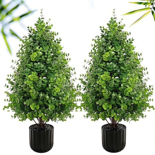 Image of 2PACK Artificial Boxwood Topiary Trees Oudoor Indoor in Pot,70CM Potted Faux Shrubs Plants with Planter,Fake Tree Evergreen Artificial Plants,Wood Trunk for Front Porch Garden Room Decor