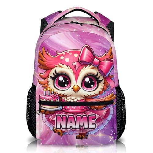 Image of GiftRomance Personalised Girls Backpack with Owl Design, 17 Inch Custom School Bag for Kids Aged 3-10, Cute Owl Bookbag with Name, Lightweight Rucksack for School Travel Picnic