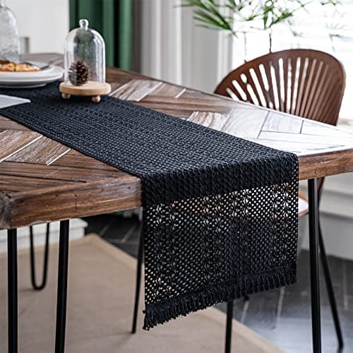 Image of Weldomcor Macrame Table Runner Farmhouse Boho Beige Table Runner with Tassel Bohemian Woven Cotton Crochet Lace Rustic Home Decor for Bridal Shower Wedding Dinning Table(Black, 30x180cm)