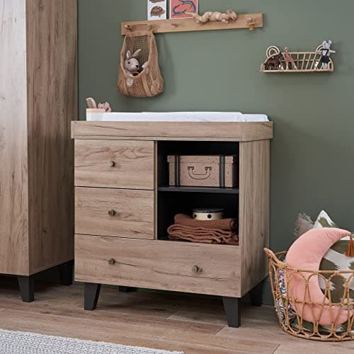 Image of Tutti Bambini Como Baby Changing Unit with Drawers, Nursery Furniture Chest Changer, Removable Changing Top, Soft Close, Distressed Oak and Slate Grey | H93.5 x D50 x W88 cm