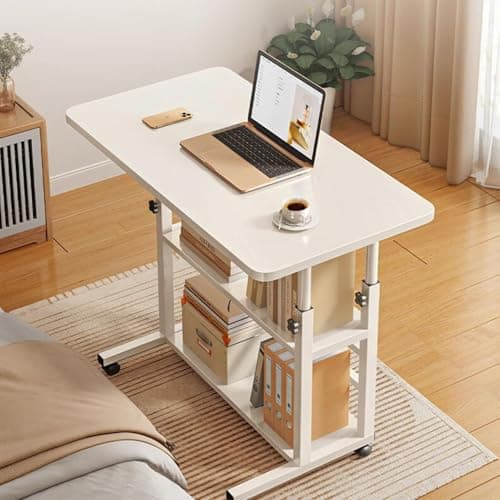 Image of NEW-YIJUNSHUN Height Adjustable Mobile Table 40x60-(60-90) cm 3 Tier Movable Computer Desk Workstation Laptop Overbed Multi Table with Metal Frame & Rolling Castors (White)