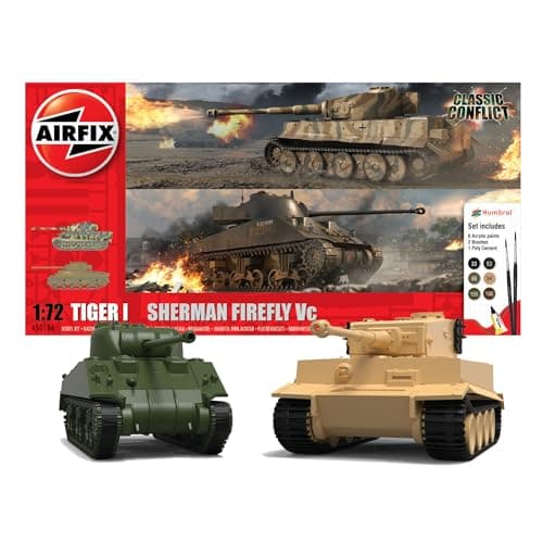 Image of Airfix Tank Model Building Kits - Tiger 1 & Sherman Firefly Miniature Craft Kit, 1/72 Scale Plastic Model Kits for Adults to Build, Incl. Tank Models, Paint, Brushes & Poly Cement - Tank Gifts for Men