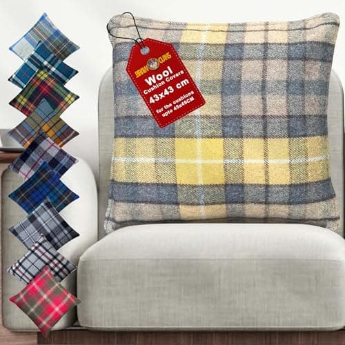 Image of Wool cushion covers 45x45 CM, Heritage tartan sofa cushion cover for winter warm, Yellow Check large cushion case, home decor, Travel, Car - Buchanan Natural Highlands Tartan