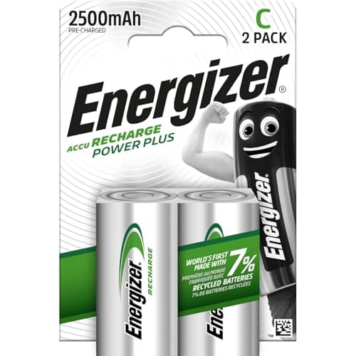 Image of Energizer Recharge Power Plus - Rechargeable C Batteries (2 Pack) - 2500 mAh NiMH Battery - Toys, Radios, Torches - 100% Recyclable Plastic Free Packaging
