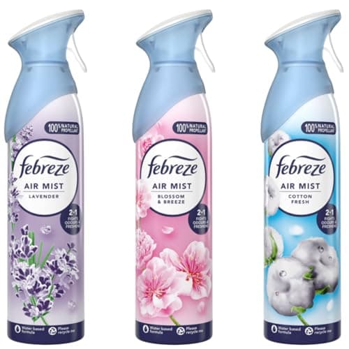 Image of Febreze Air Mist Air Freshener Spray odour Eliminator Home & Office Fragrances - Cotton Fresh - Lavender - Blossom & Breeze - 185ml - Box of 3