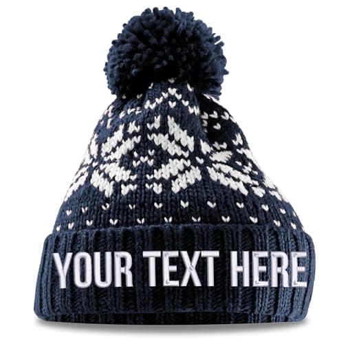 Image of Personalised Fair Isle Christmas Knit Pom Pom Beanie Custom Text Embroidery Bobble Hat Xmas Theme Pattern Winter Men Women, One Size, Navy/White