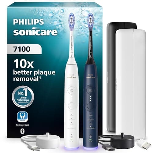 Image of Philips Sonicare 7100 Electric Toothbrush, Sonic Toothbrush with App, 4 Brushing Modes and 3 Intensity Levels, Pressure Alert, EasyStart, SmarTimer, White and Navy, 2 Pack, HX7429/01 [New Technology]
