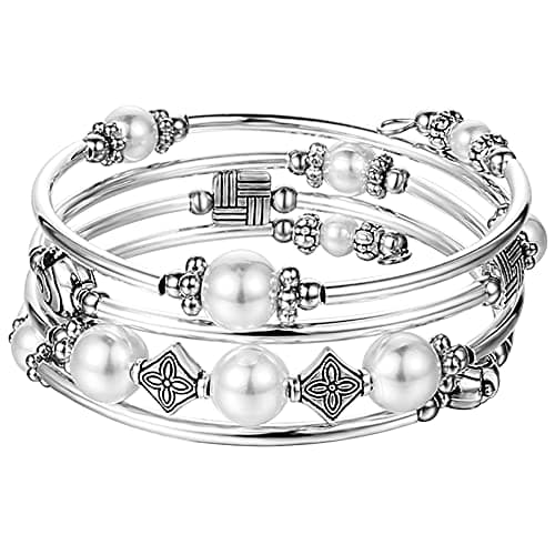 Image of BULINLIN Beaded Pearl Layered Bangle Bracelet for Women Turquoise Bohemian Thick Silver Plated Fashion Jewellery Gifts for Birthday(09-White pearl)