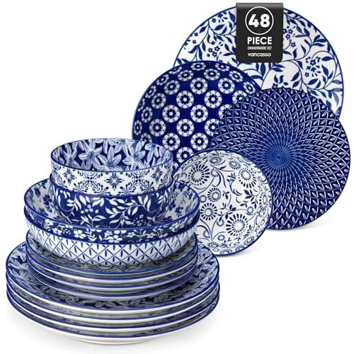 Image of vancasso Selene Plates and Bowls Set, 48 Pieces Vintage Blue Porcelain Dinner Sets for 12 People, Scratch Resistant Dinnerware Sets Crockery Set, Mircowave Dishwasher Safe Dishes Set