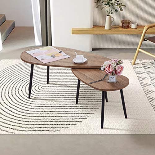 Image of GOLDFAN Triangle Coffee Table Set Nest of 2 Tables Modern Sofa Coffee Side Table Black Metal Table Legs for Living Room, Walnut