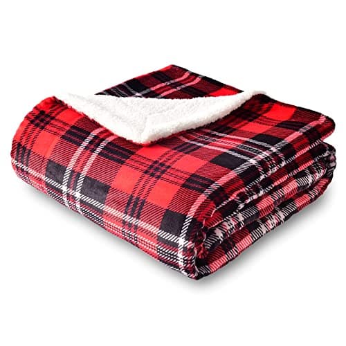 Image of SOCHOW Sherpa Plaid Fleece Throw Blanket, Double-Sided Super Soft Luxurious Plush Blanket 127cm×150cm, Red/Grey