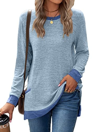 Image of Famulily Cotton Tops for Women Uk Color Block Jumper Sweatshirt Long Sleeve Crewneck Side Split Tunic Tops with Pockets Light Blue L
